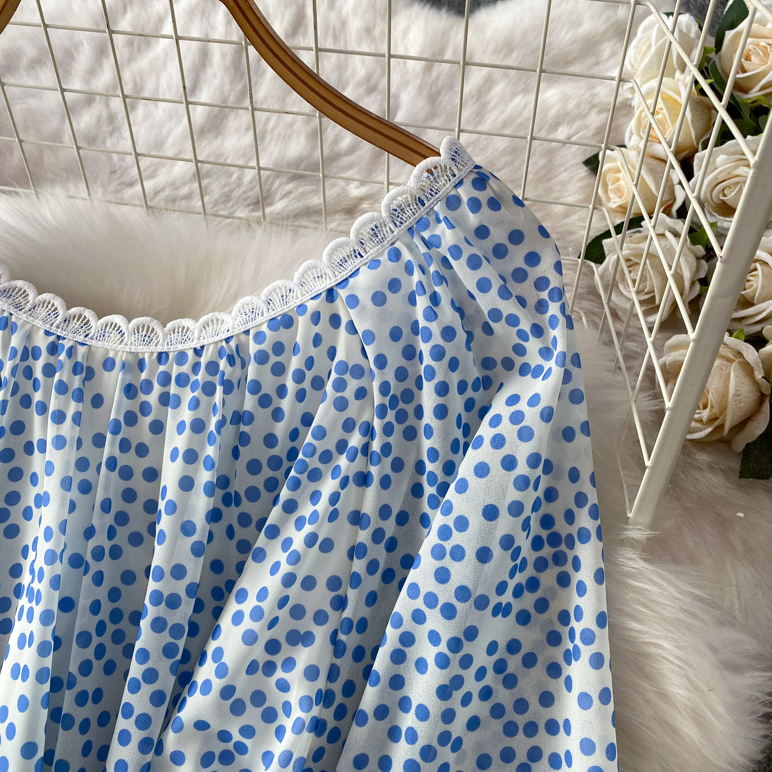 Women's French Style Sweet Polka Dot Patchwork Lace V Neck Dress Summer Flowy Chiffon Maxi Skirt Long Evening Gown_ecoleips.com