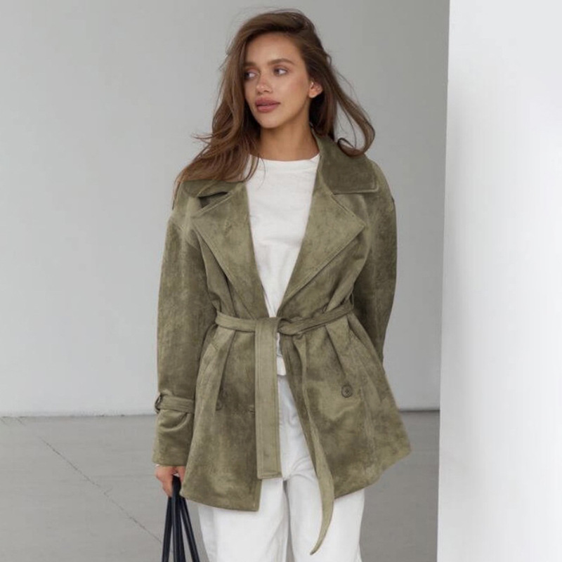 Cross-Border Trade Retro Suede Jacket European and American Style 2025 Autumn and Winter New Style Lapel Tie Waist Jacket