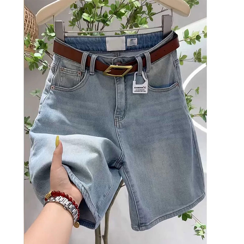 Plus Size Denim Shorts for Women, Summer Thin Elastic Slimming Pear-Shaped Body, High-Waisted Straight Mid-Length Shorts