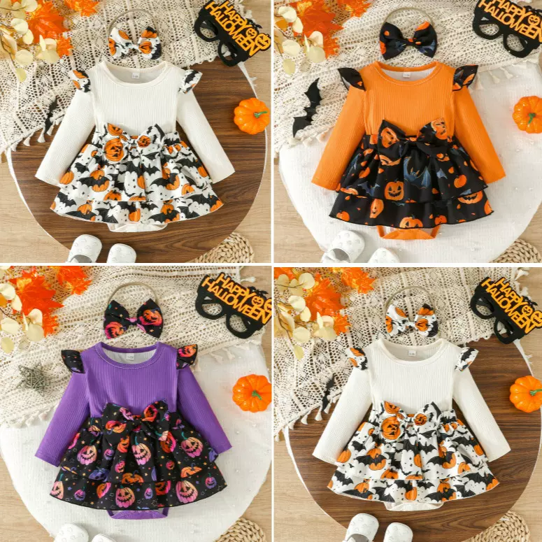 跨境万圣节童装双层裙摆南瓜蝙蝠印花三角哈衣坑条拼 0-1岁爬服秋