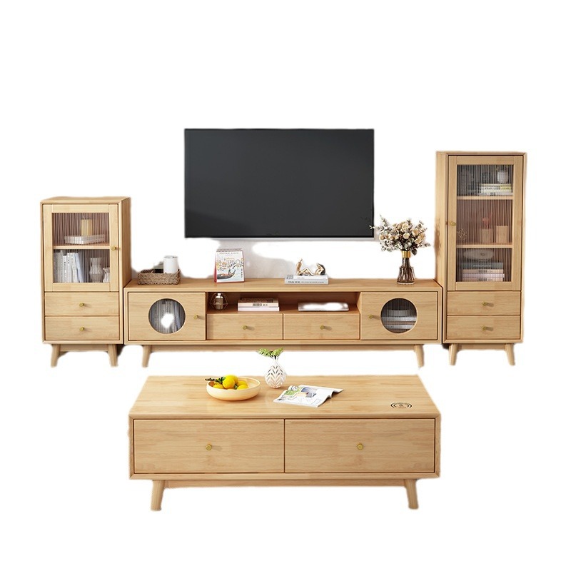 Madera maciza nórdica TV gabinete mesa de café combinación moderna minimalista hogar sala de estar gabinete de piso pequeño apartamento de pared de fondo