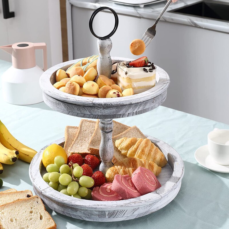 Retro Double-Layer Dessert Wooden Tray Paulownia Wood Old Tea Tray Dessert Table Round Cupcake Accessible Luxury Retro