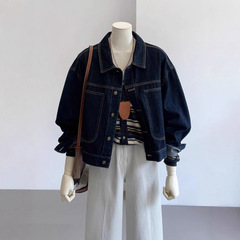 深蓝色复古工装牛仔外套女春秋休闲口袋设计感小个子短款夹克上衣