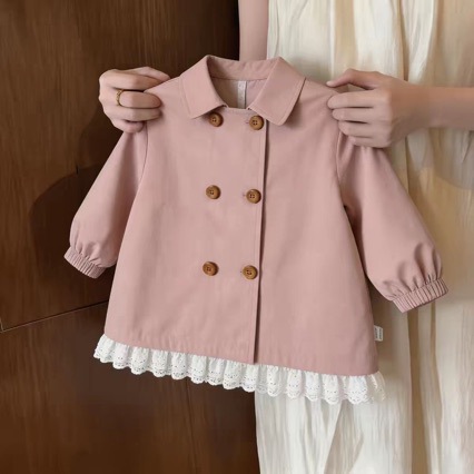 Girls' Solid Color Trench Coat 2026 New Autumn Children's Lace Top Baby Girl Double-Breasted Coat