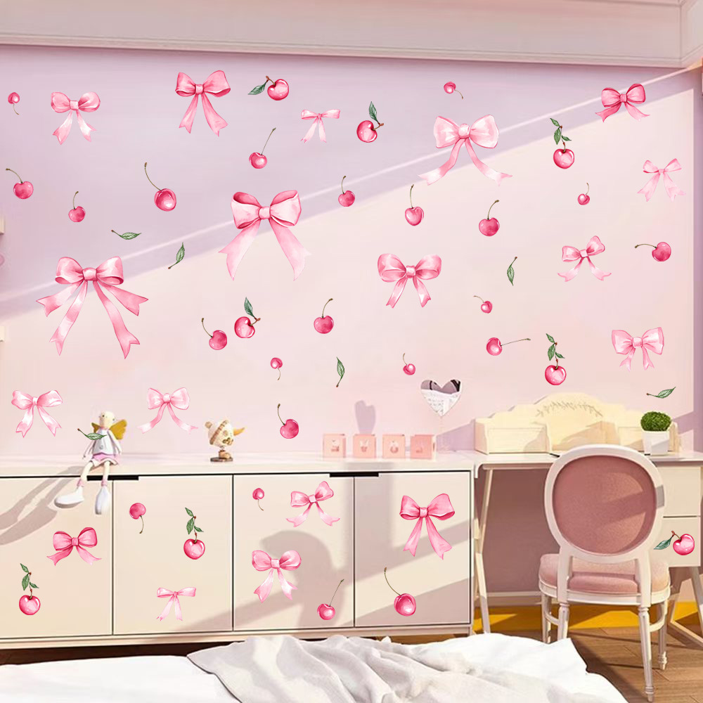 New Bohemian Style Cherry Girl Bedroom Wall Decoration Wall Sticker Pvc Pink Bow Sticker Window Sticker
