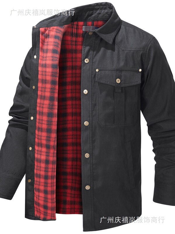 Men's Large Size Plaid Flannel Casual Jacket with Lapel Collar, European and American Retro Foreign Trade Western Style Jacket