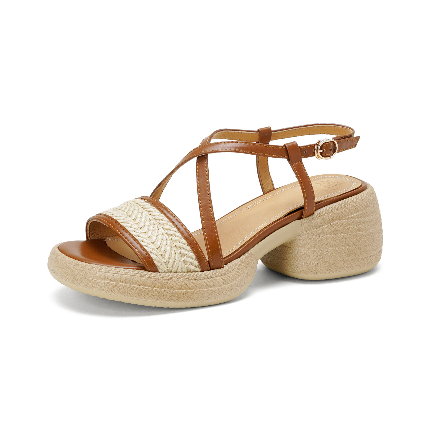 Sandal cao gót nữ mũi hở quai chéo khóa ngang gót dày — Màu nâu nhạt
