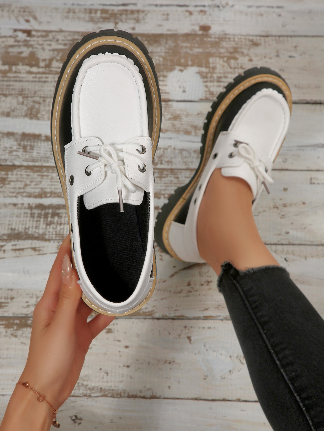 Women's Colour Block Loafers Lace Up Thick Sole Platform Shoes_voghion.com