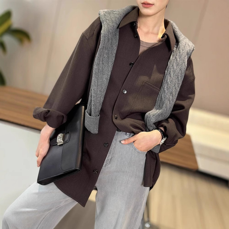 Light Luxury Elegant ~ Worsted Virgin Wool ~ BV Flower brown Lel Long Sleeve Shirt