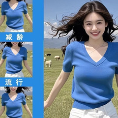 【工場直販】夏新作 美しい半袖ニットTシャツ レディース 右肩 ブルー おしゃれ 万能トップス