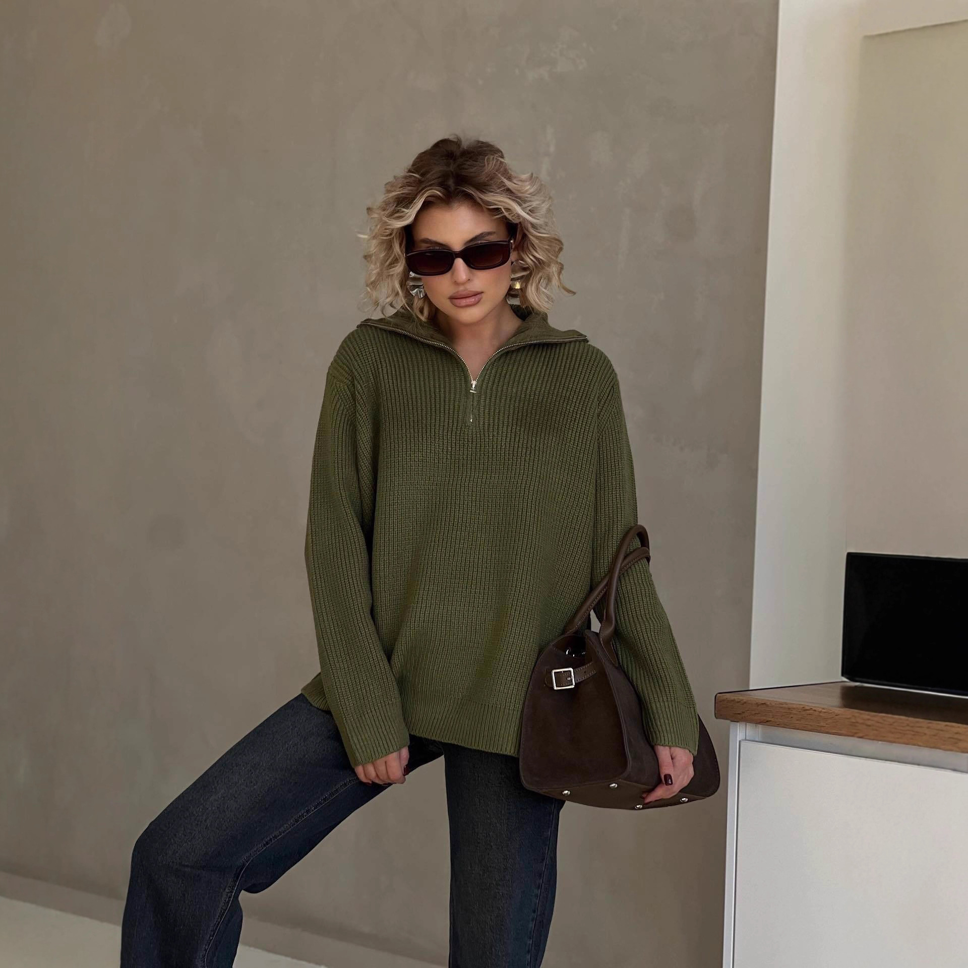 Pull minimaliste en maille ajourée (coupe décontractée, 78 % coton biologique, silhouette unisexe oversize, infroissable, esthétique scandinave)_voghion.com