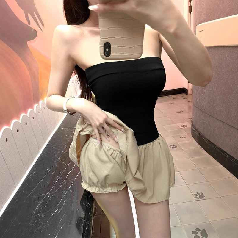 Han Yujia m1u25 ショーコントラストカラーステッチニットチューブトップスカート内蔵胸パッドとランタンレギンス|undefined