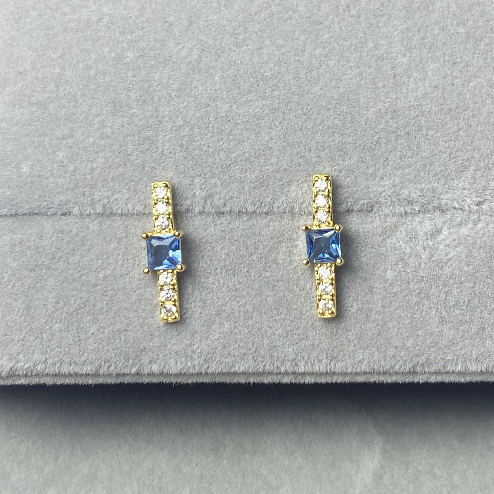 14K Gold Plated Plating Rectangle Pattern 1 Pair 925 Sterling Silver Zircon Rectangle Ear Studs