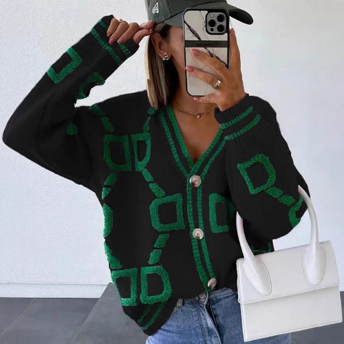 Amazon Terry Towel Jacquard V-Neck Knitted Cardigan | 2025 Autumn New Arrival Women's Sweater in European & American Style for Cross-Border Trade