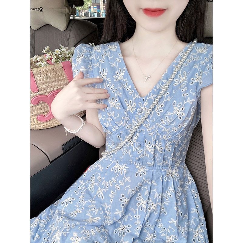 夏季法式温柔风气质蓝色桔梗领小飞袖连衣裙女小众收腰显瘦长裙|undefined