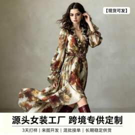 现货2026亚马逊复古玫瑰印花荷叶边V领长袖收腰不规则雪纺连衣裙