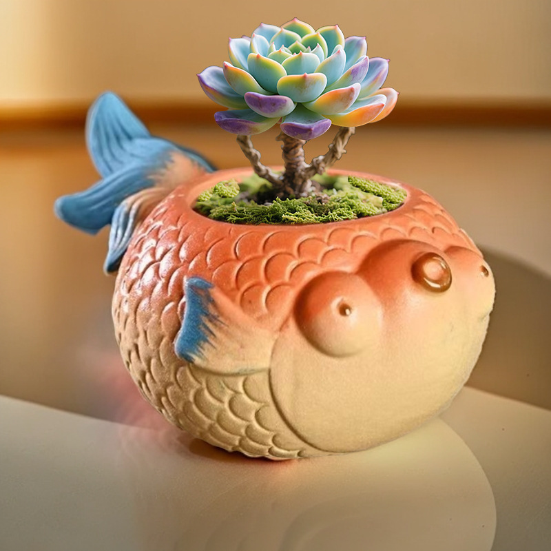 Large-Tailed Fish Small Animal Succulent Flower Pot Ceramic Household Special Breathable Coarse Pottery Root Control Pot Wholesale Clearance