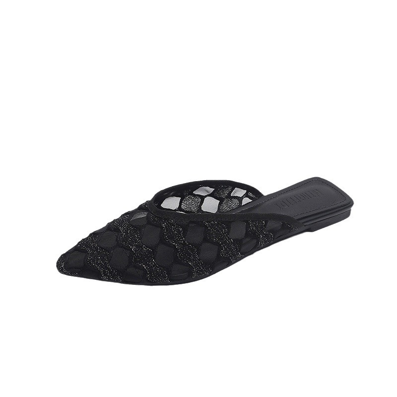 Zapatillas de mujer de verano red punta zapatillas de mujer 2024 nuevo hueco tela fresca zapatillas de mujer con cabeza plana media zapatillas