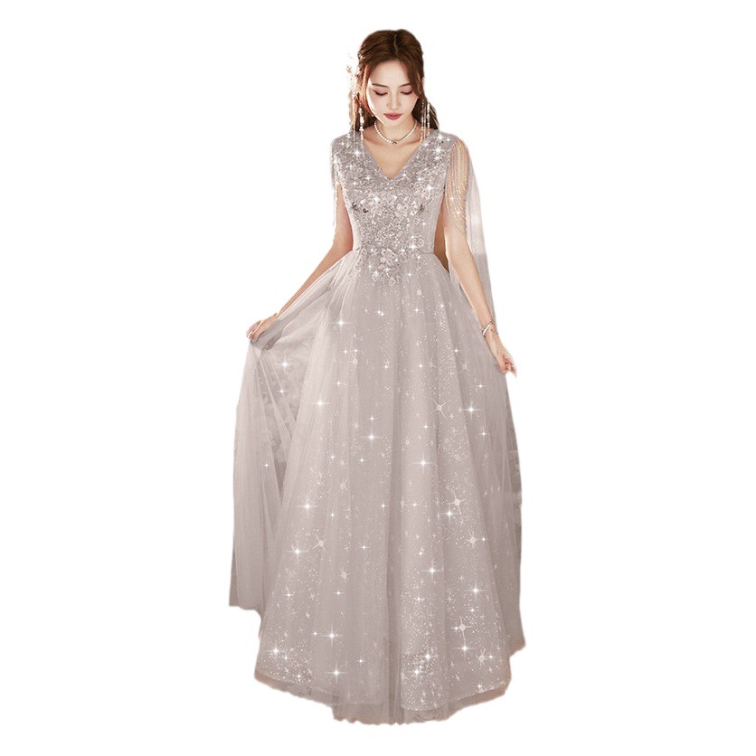 Vestido de noche para banquete, nuevo estilo de verano 2026, con lazo gris, estilo transfronterizo, vestido de actuación para exámenes de arte y actuaciones de coro. image 1