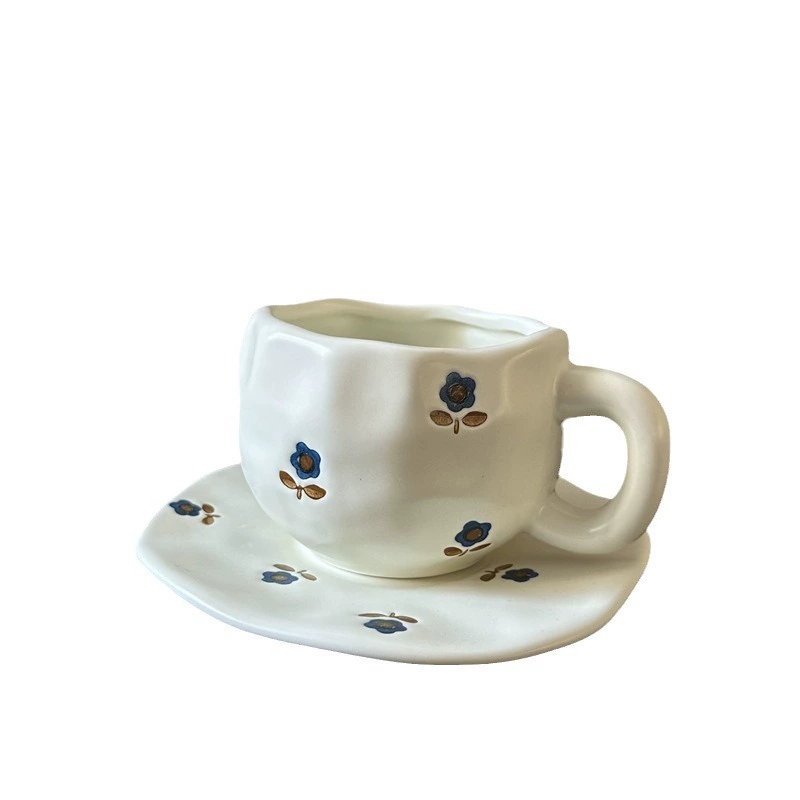 Ceramic coffee cup set INS Japanese retro, hand-painted irregular saucer, vintage style