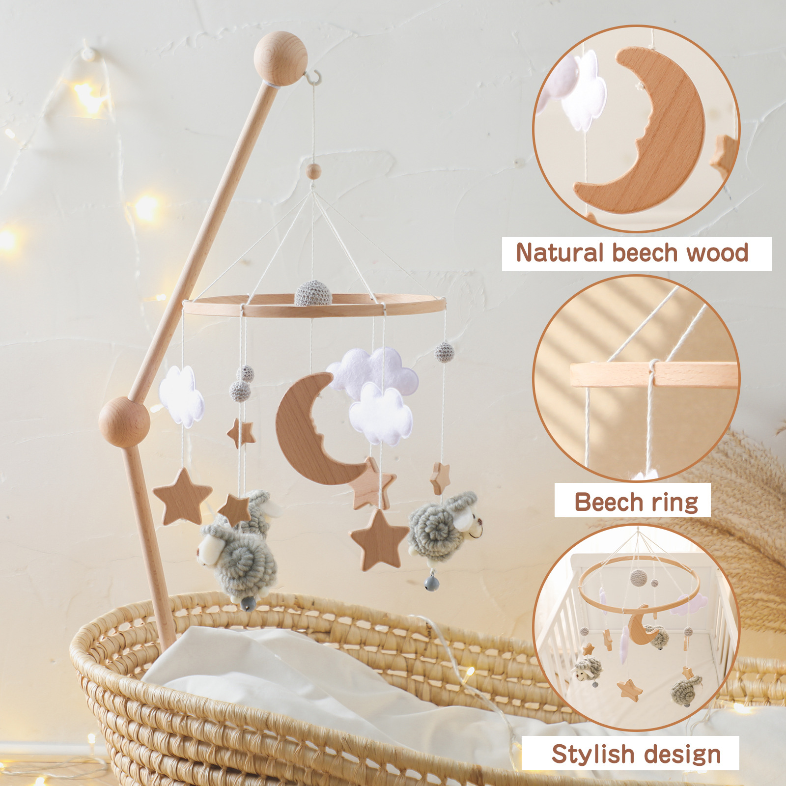 Decoración de la habitación de los niños de estilo nórdico cama colgante de viento carillones de madera anti-estrabismo mano-ojo coordinación estrella Luna ovejas cama Bell