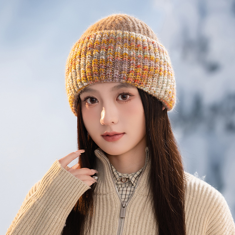 冬季新款帽子女渐变色卷边保暖防寒毛线帽百搭护耳加绒加厚针织帽|undefined