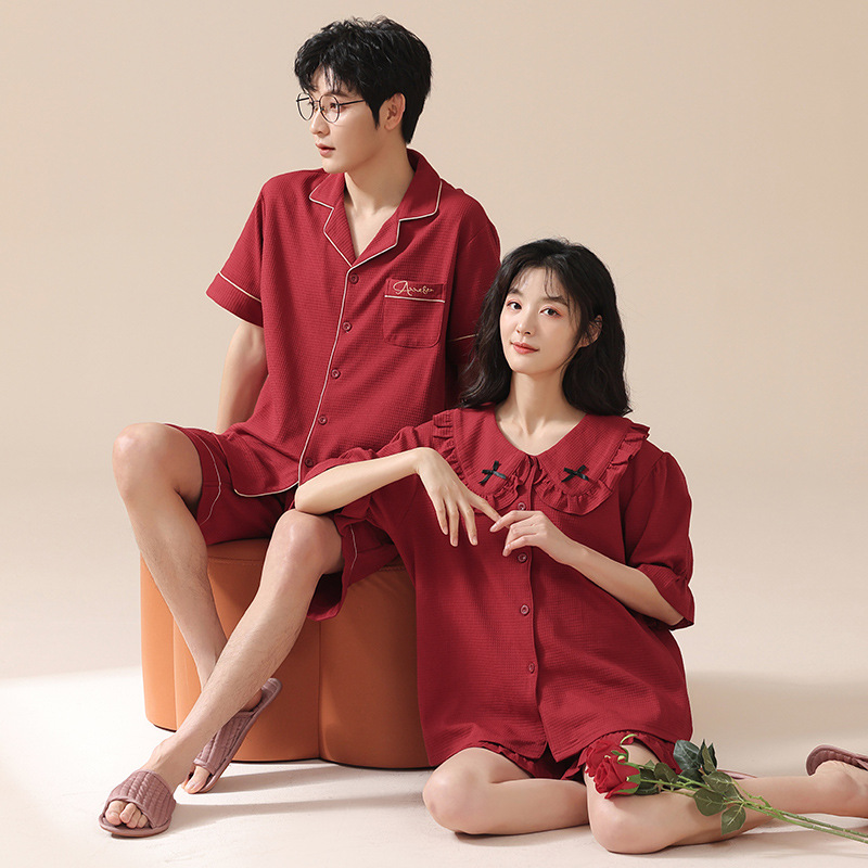 2023 verano nueva pareja pijamas de algodón de manga corta waffle camisón de las mujeres boda roja homewear hombres