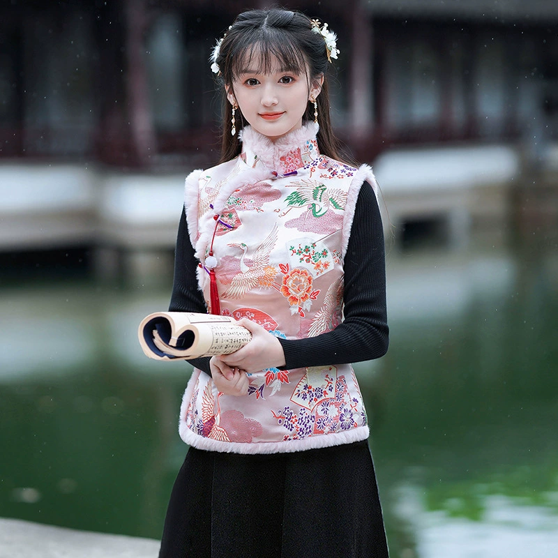 Новый зимний плюшевый окантовка китайский стиль ретро элегантный пряжка хлопок жилет 6113