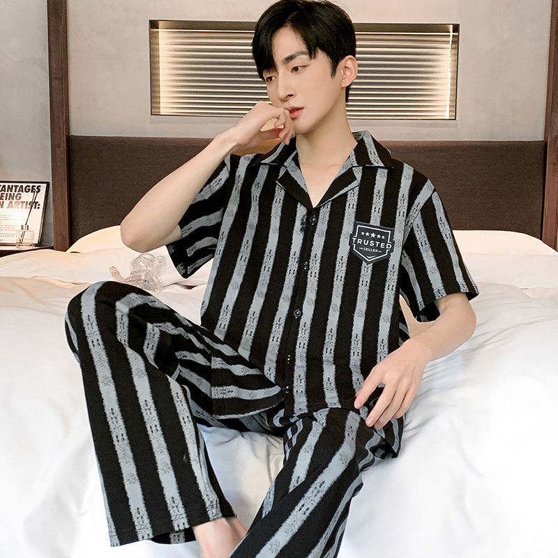 Pajamas de algodón para hombres coreanos, pantalones largos de mangas cortas de verano, ropa delgada para hombres, set de ropa exterior