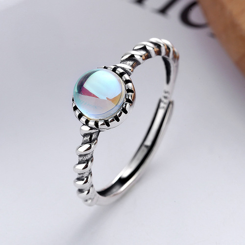 Yunchaoxuan S925 sterling silver Korean style ladylike spiral pattern ring with blue moonstone all-match open ring for women