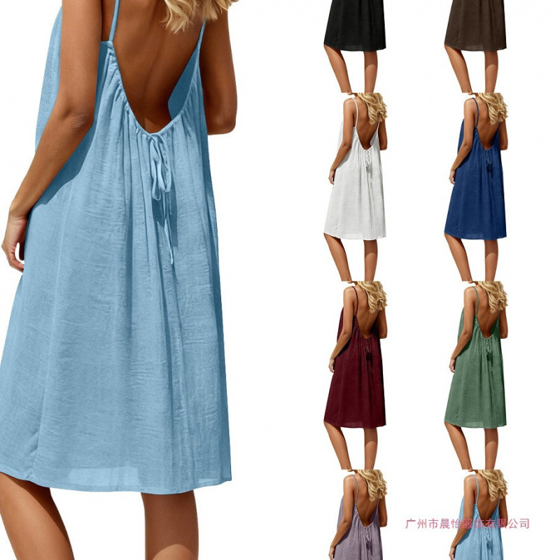 2026 Amazon Ice Silk Wrinkle Solid Color Ruched Backless Strap Short Dress Beach Vacation Dress Women's Resort Style Dress 2026 Amazon Ice Silk Wrinkle Solid Color Ruched Backless Strap Short Dress Beach Vacation Dress Women's Resort Style Dress