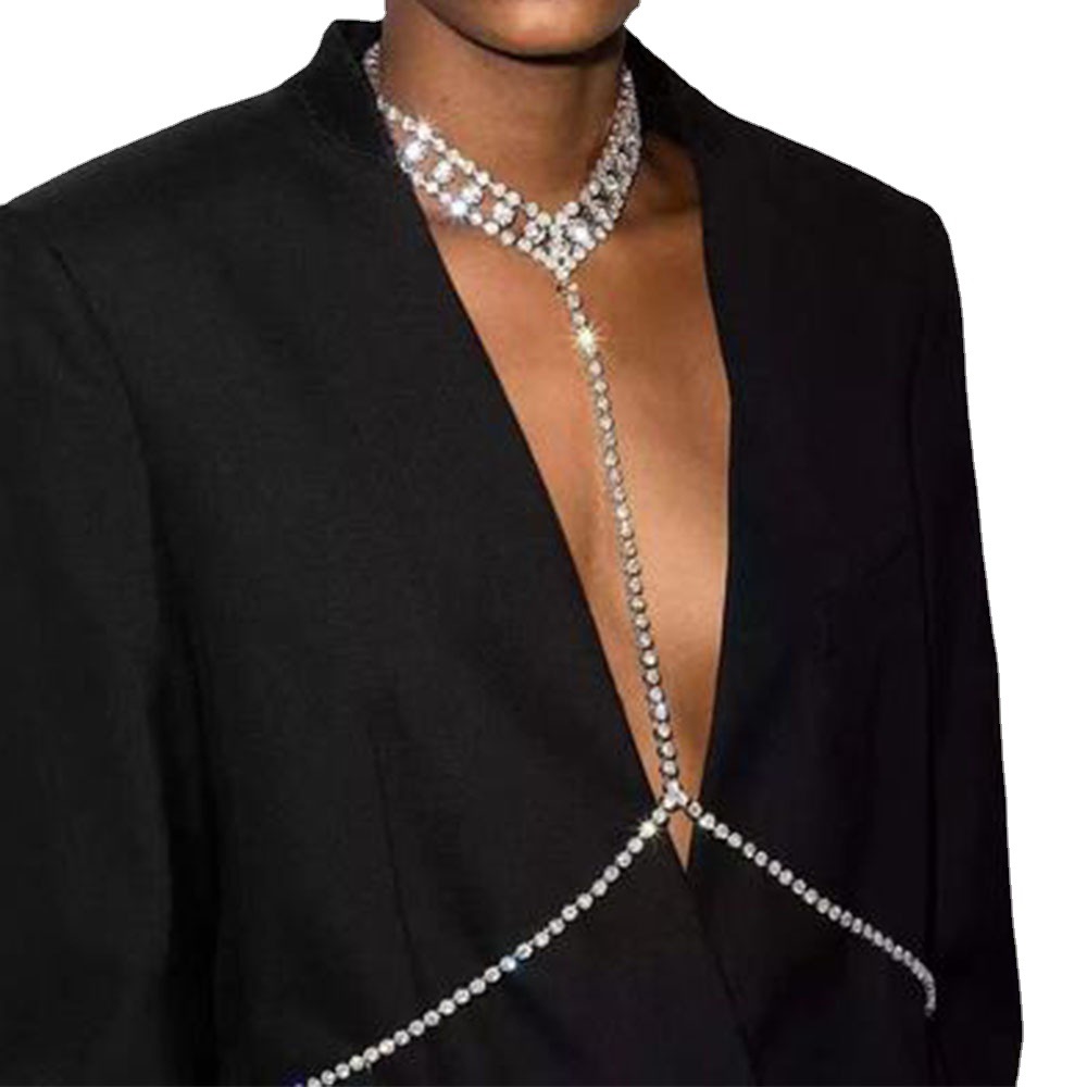 Joyería transfronteriza europea y americana brillante cuello geométrico collar de diamantes llenos vestido de fiesta de noche Cadena de cuerpo de diamantes de imitación