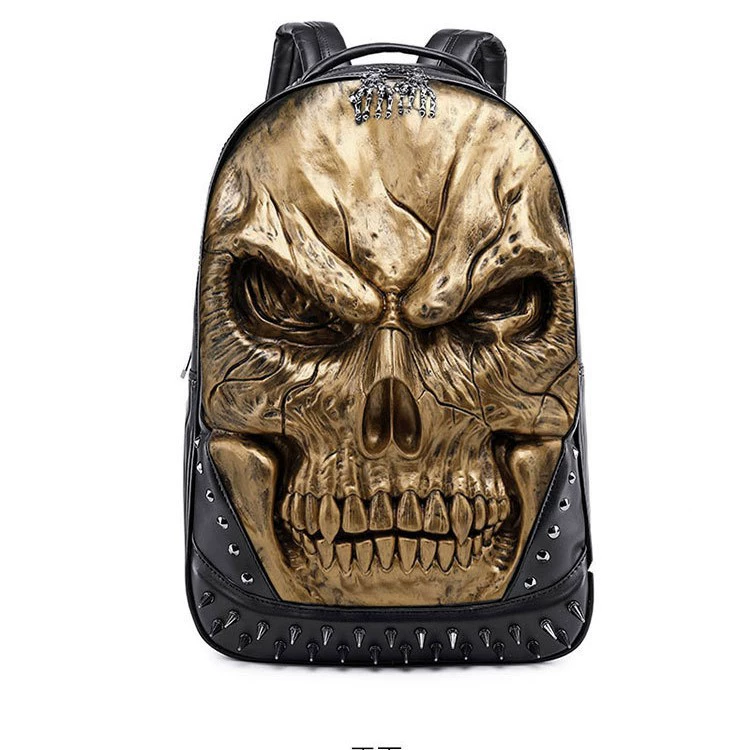 Backpack 3D embossed polyurethane, unisex shoulder bag, skull design with studs