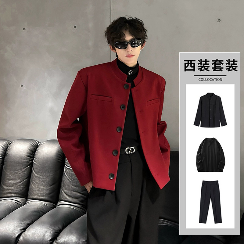 New Chinese Men's Red Tunic Suit Suit Jacket Feeling Yuppi Handsome Slim-fit Short Shoulder Pad Vertical Collar Suit suit