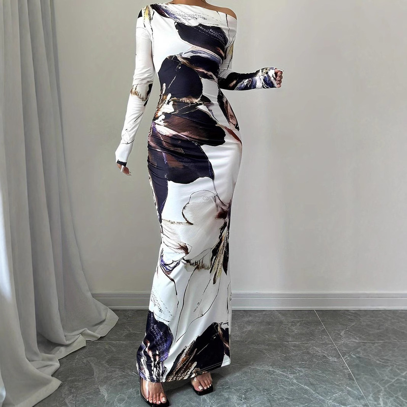 2025 Spring & Fall New Cross-Border European and American Off-Shoulder Elegant Slim Long Skirt Flower Print Slanted Shoulder Hip Dress 2025 Spring & Fall New Cross-Border European and American Off-Shoulder Elegant Slim Long Skirt Flower Print Slanted Shoulder Hip Dress