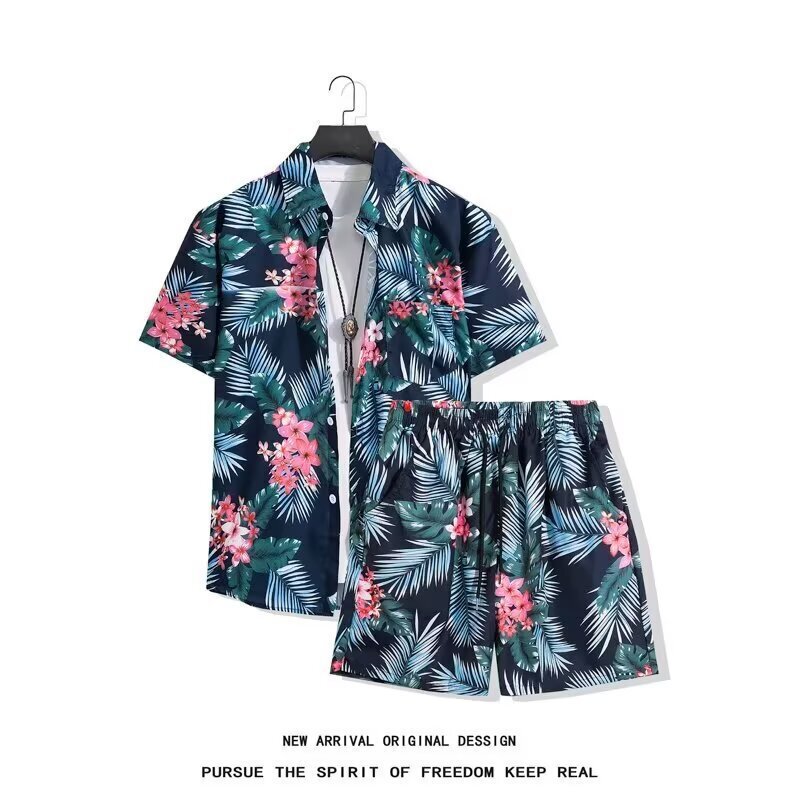 Summer floral shirt short-sleeve shorts set for men, casual and stylish two-piece outfit for seaside beach vacation, loose-fitting top Summer floral shirt short-sleeve shorts set for men, casual and stylish two-piece outfit for seaside beach vacation, loose-fitting top