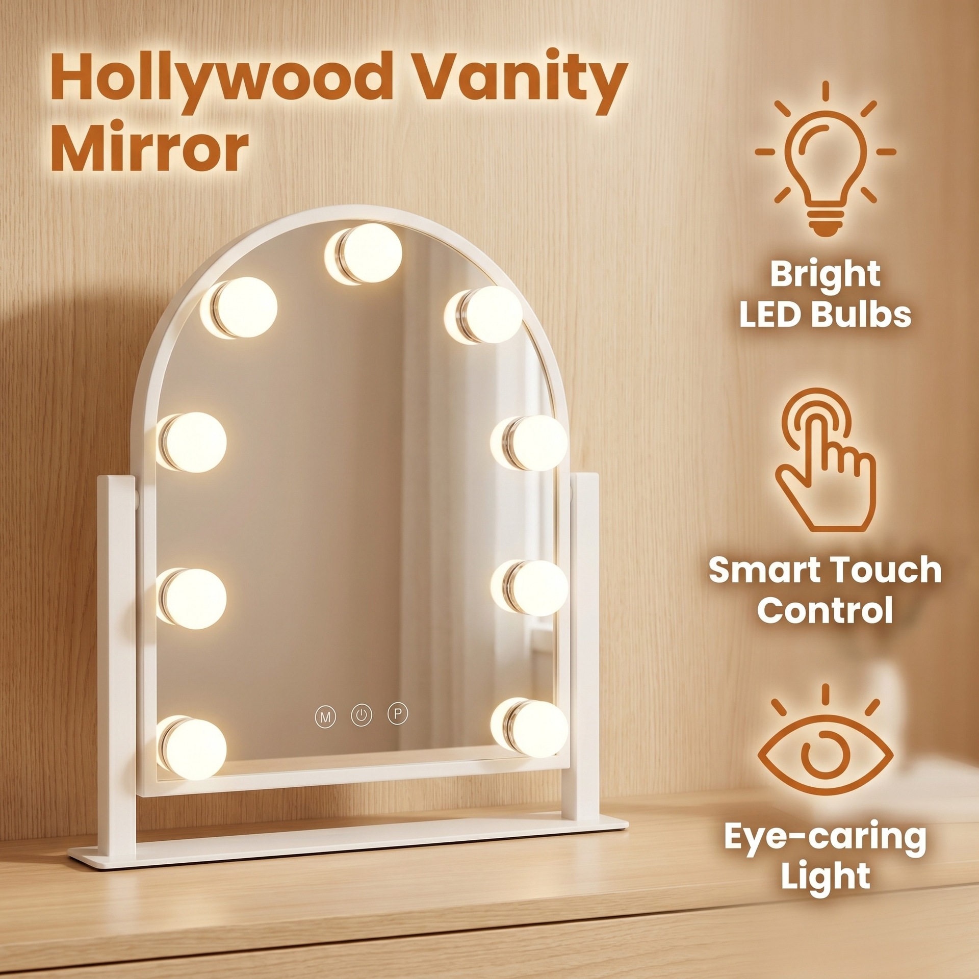 Gebogener Hollywood-Schminkspiegel, 9 dimmbare LED-Lampen, 3 Lichtmodi, Touch-Steuerung mit Memory-Funktion, Kosmetikspiegel für Schlafzimmer-Schminktisch_voghion.com
