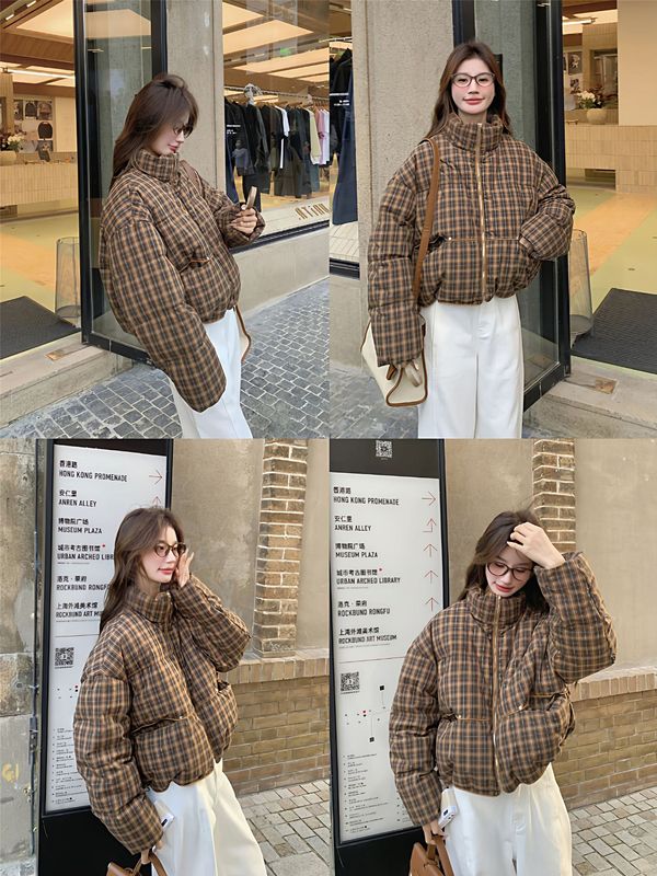 韩系复古设计格子立领羽绒服女短款宽松加厚小个子面包服保暖外套|undefined