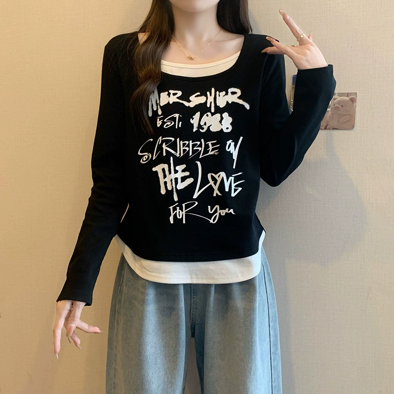 Spring set with letters, long-sleeve, T-shirt, plus size