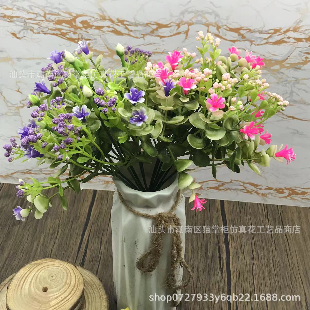 Decoración de flores artificiales de tres puntas, violeta eucalipto, hogar de bodas, 6 flores falsas, ramos de mano, accesorios de tiro