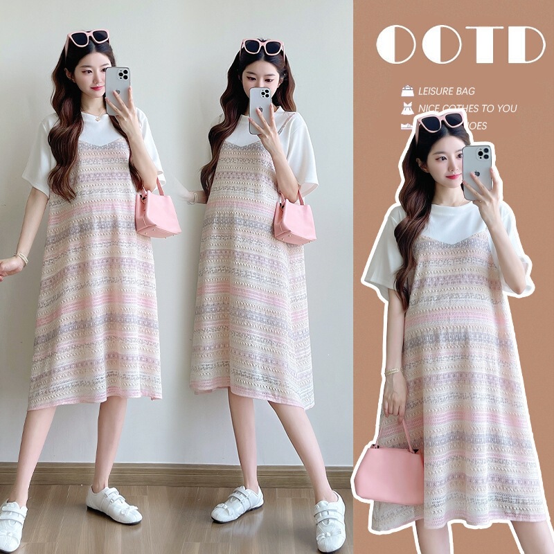 Real Shot~ Maternity 2026 Spring/Summer Cool Pink Fake Two-Piece Set Romantic Vacation Slimming Knitted Long Dress
