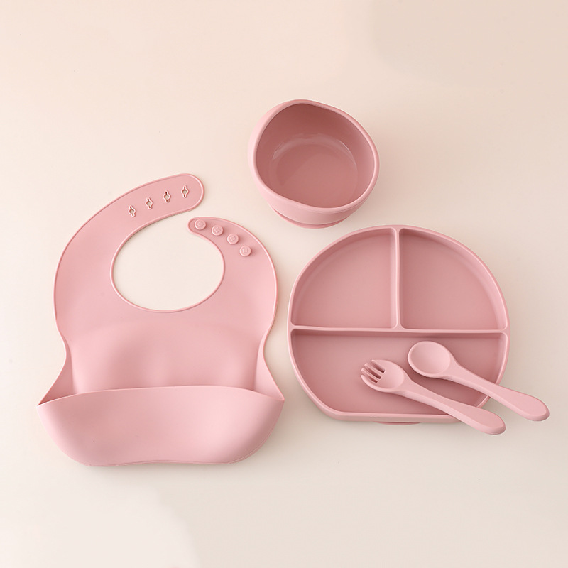 Juego de vajilla de silicona para bebés, vajilla de alimentación para bebés recién nacidos, plato de comedor de rejilla dividida de silicona, babero de tazón de alimentos al por mayor