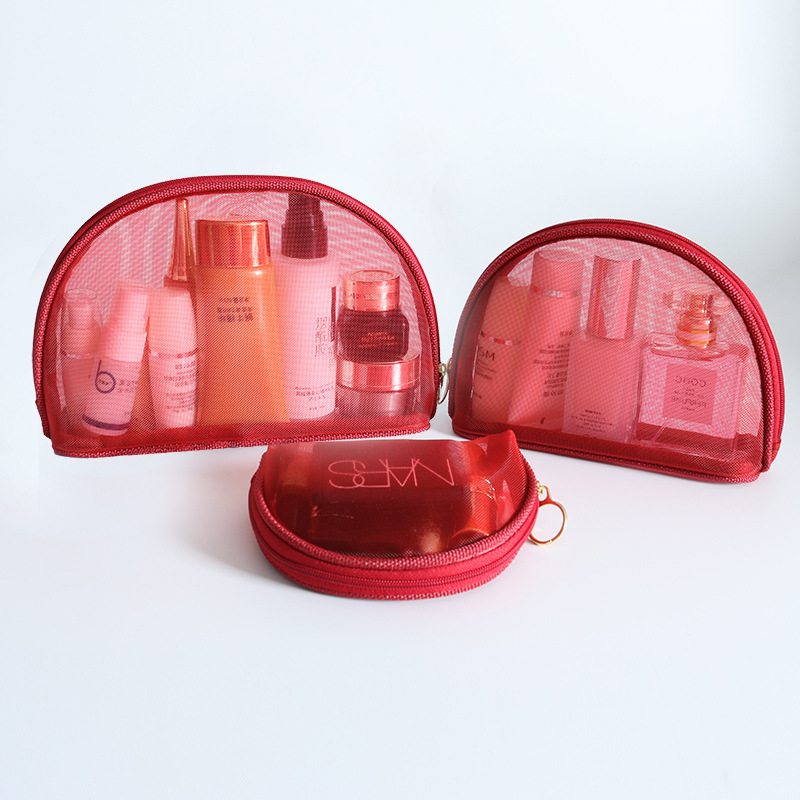 Semicírculo Rojo Negro en stock portátil simple transparente semicírculo Rojo sola red de gran capacidad de almacenamiento bolsa de cosméticos