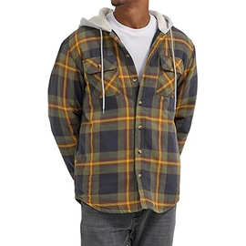 2025跨境外贸新款男式装长袖绗缝内衬法兰绒格子衬衫连帽夹克外套