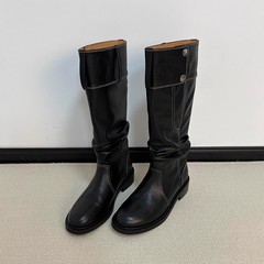 牛皮版~厚底系带马丁靴百搭显瘦复古粗跟短靴后拉链弹力瘦瘦靴女