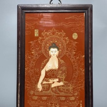 大量批发红木镶黑底掐金丝唐卡瓷板画中堂挂屏工艺品瓷板画大瓷画