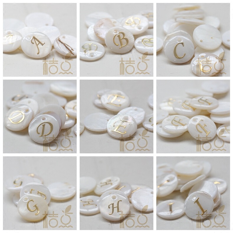 DIY jewelry accessories natural shell wafer pendant golden letter sealing glaze English letter 15mm (B202)
