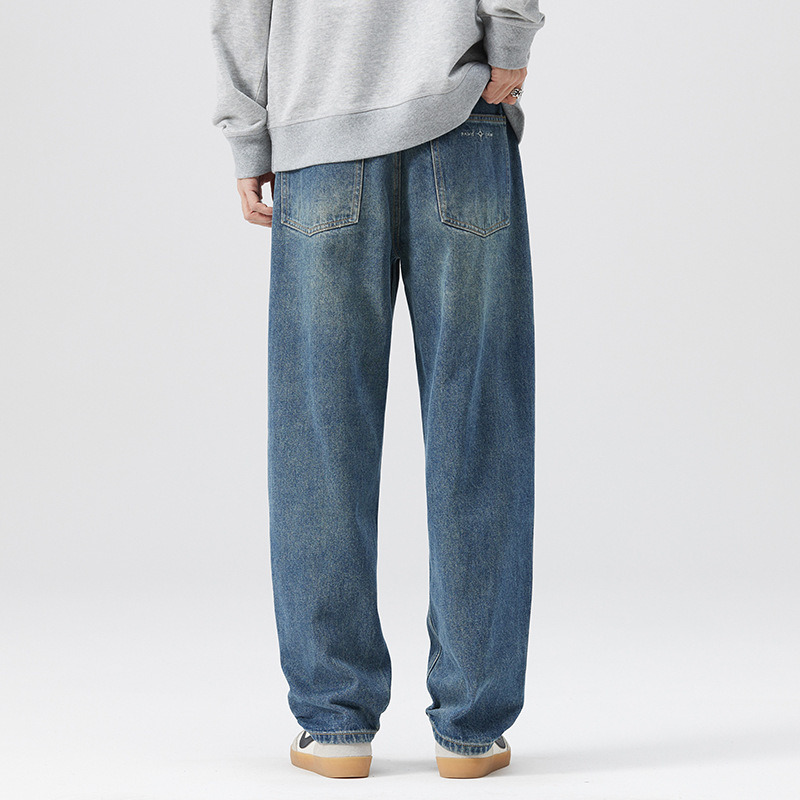 American-Style Trendy Brand Versatile Washed Straight-Leg Jeans for Men, 2026 Spring New Loose Wide-Leg Drapey Long Pants