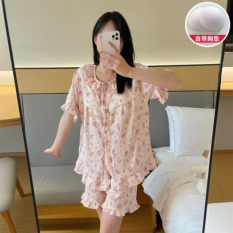 Pijamas de algodón nubes al por mayor transfronterizos mujeres con cojín de pecho cardigan de verano pantalones cortos de mangas cortas dulces y sueltos set de ropa para el hogar