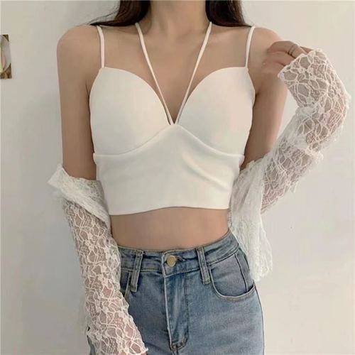 Hot girl top, ice silk halter neck, deep V beautiful back, wholesale chest-wrapped bottoming vest, fixed cup underwear for women